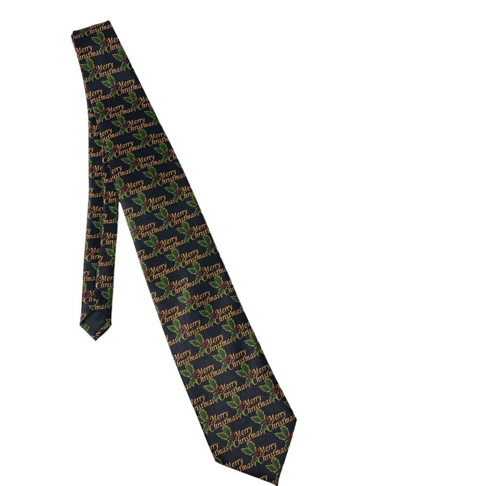 Vintage Merry Christmas Tie Black Holly Berries Classic Holiday